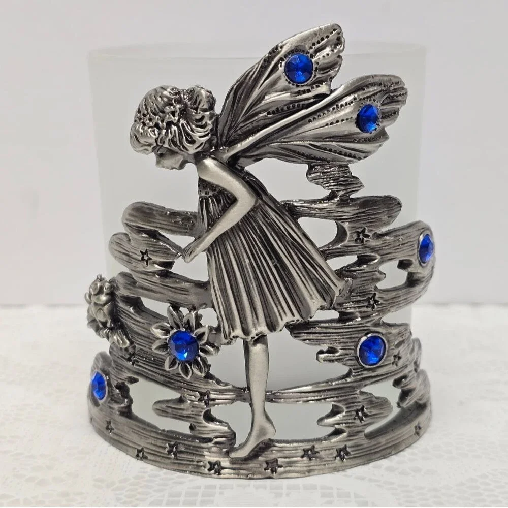 Vintage Silver Metal Fairy Elf Blue Rhinestones Celestial Votive Candle Holder